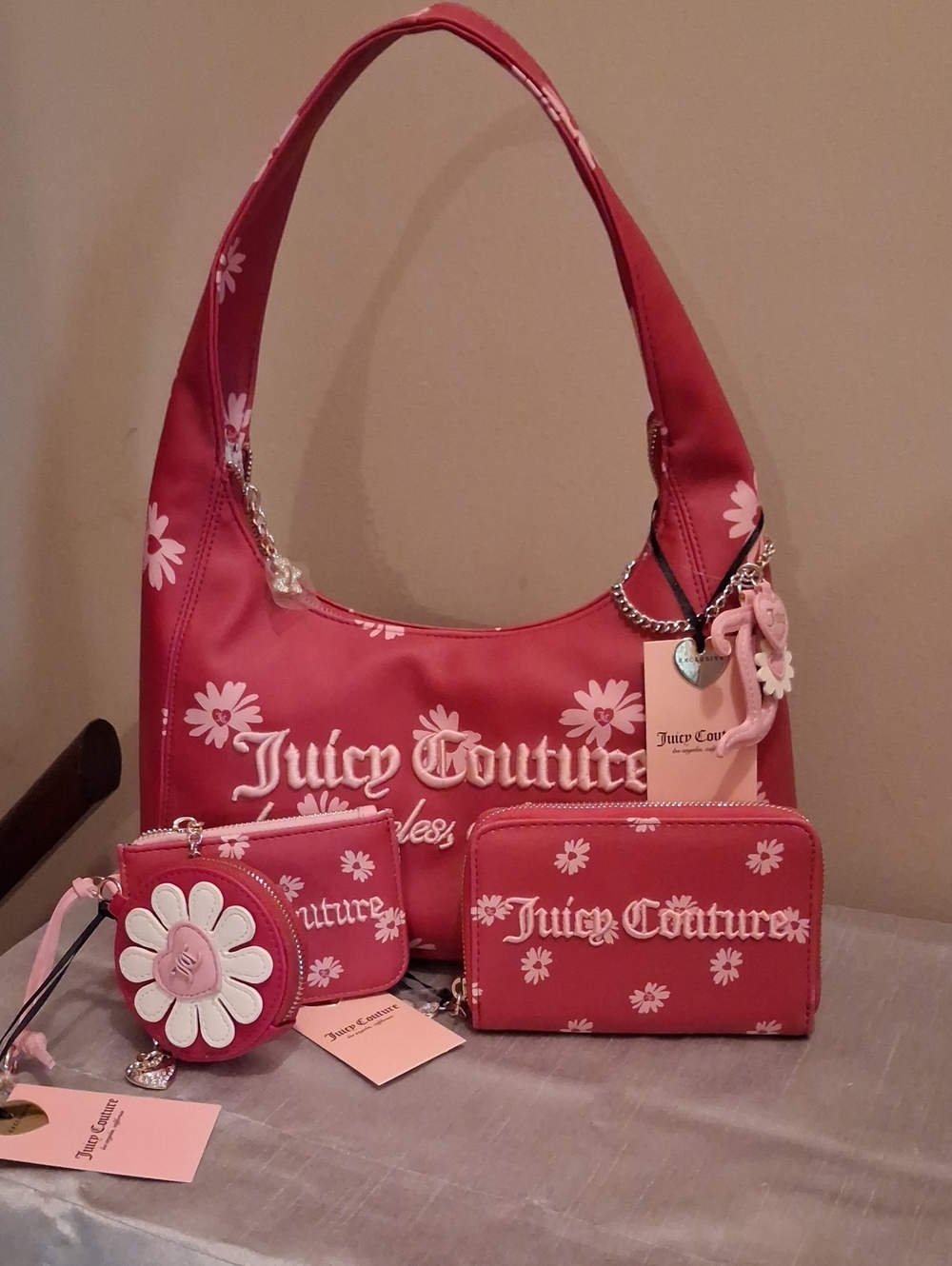Juicy Couture Pink Floral Logo Shoulder Bag with Matching Zip Pouches Wallet Nwt